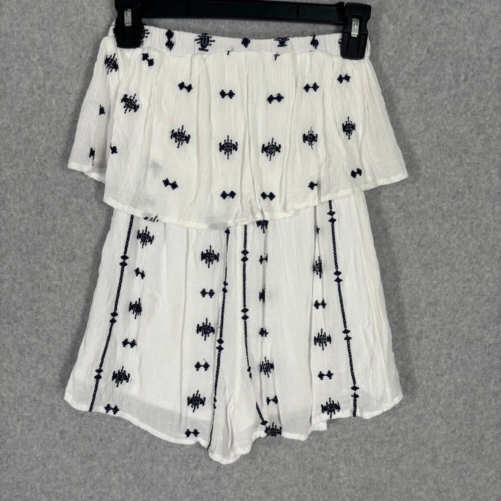 Japna Romper Womens XS White Strapless Ruffle Flowy Boho Aztec Coastal Resort
